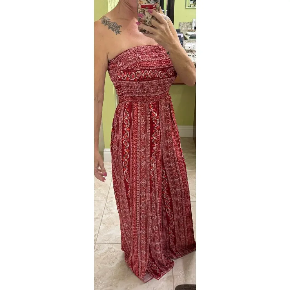 Boho Red Paisley print strapless wide leg large jumpsuit hippie resort vacation - Picture 7 of 9